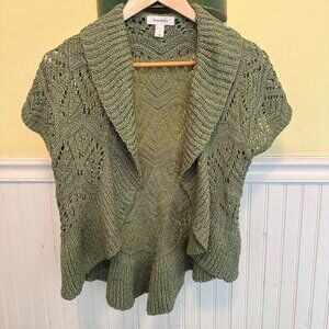 Dressbarn Crochet Knit Green Short-Sleeve Open-Front Cardigan Sweater shrug M